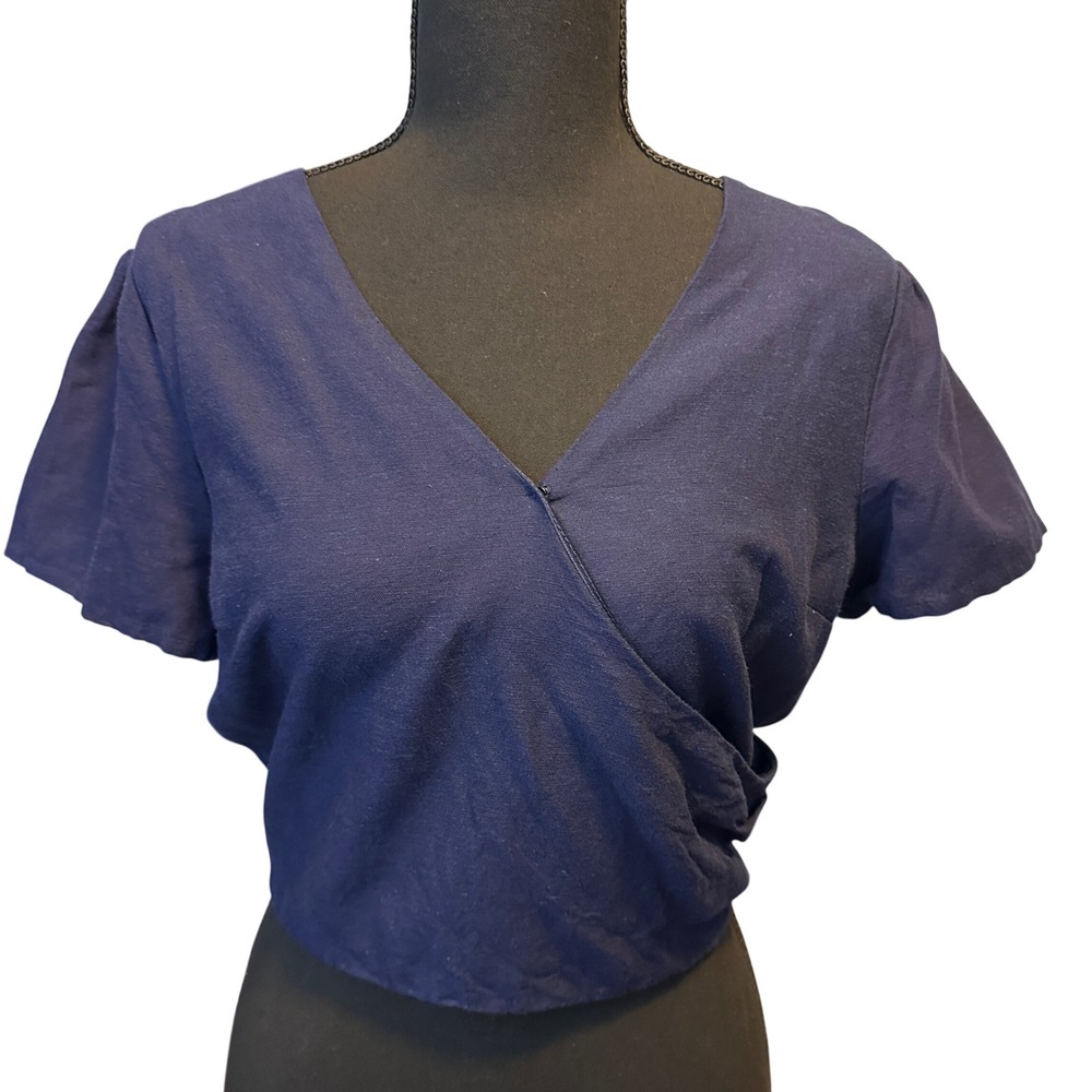 Midnight Sky Navy Blue Linen Blend Wrap Crop Top Smocked Back L Boho Festival